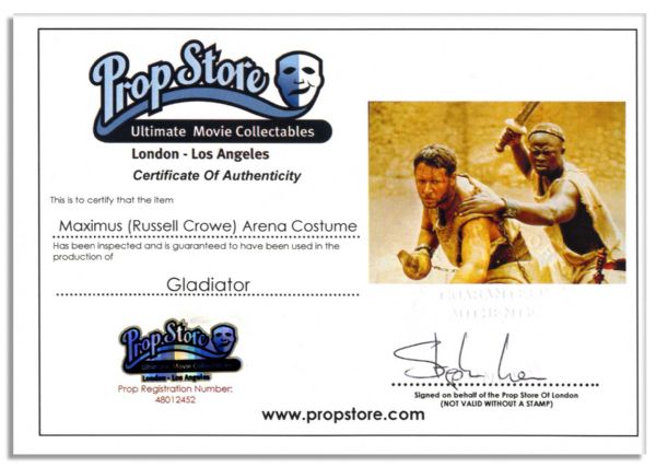 Russell Crowe's Own Gladiator Costume Worn in the Modern Classic ''Gladiator'' -- Film Won Five Academy Awards Including Best Actor, Best Film & Best Costume Designer