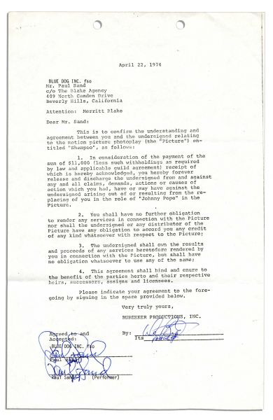 Warren Beatty Signed Contract for the 1970's Classic ''Shampoo''