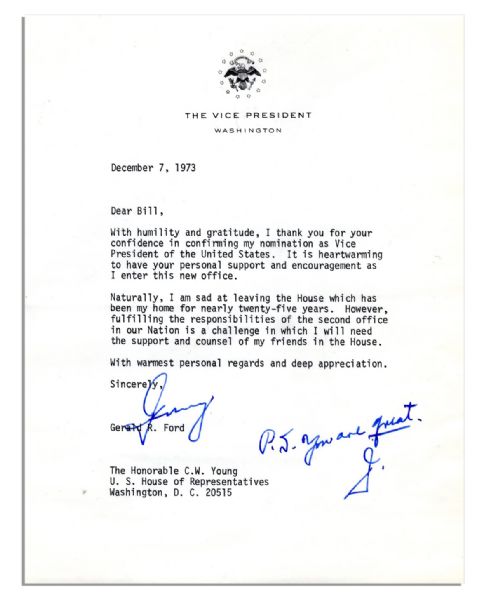 Rare Gerald Ford Letter Signed as Vice President -- One Day After Taking the VP Oath Of Office -- ...I am sad leaving the House which has been my home for nearly twenty-five years...