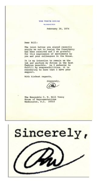 President Nixon Letter Signed During Watergate -- ...It is my intention to remain on the job and perform my duties in the best fashion possible... -- 20 February 1974