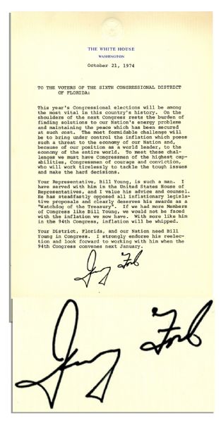 Gerald Ford Signed Endorsement as President -- ...If we had more members of Congress like Bill Young, we would not be faced with the inflation we now have...