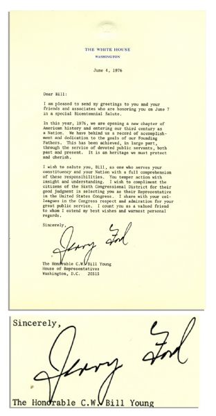President Gerald Ford Signed Bicentennial Wishes From 1976 -- ...We have behind us a record of accomplishment and dedication to the goals of our Founding Fathers...