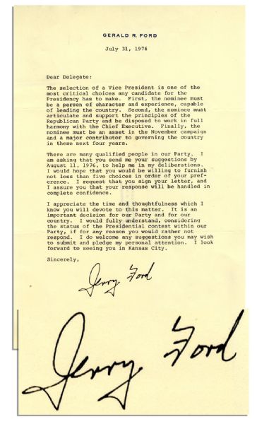 President Gerald Ford Asks for Advice on Vice Presidential Nominees in 1976 -- ...I am asking that you send me your suggestions by August 11, 1976...