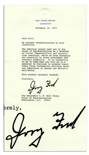 After Losing the 1976 Election, President Gerald Ford Congratulates a Fellow Republican on His Win -- ...The American people need you in the House of Representatives...