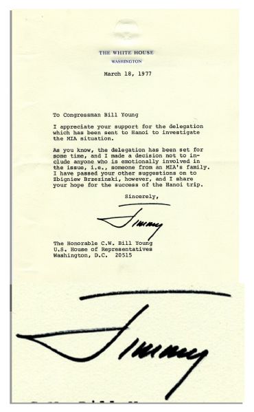 Jimmy Carter Letter Signed as President Regarding Vietnam MIAs -- ...I made a decision not to include anyone who is emotionally involved in the issue, i.e., someone from an MIAs family...