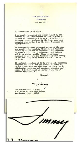 Jimmy Carter 1977 Typed Letter Signed as President -- ...If wasteful spending is to be curtailed...Congress will have to assist me in eliminating needless and counterproductive projects...