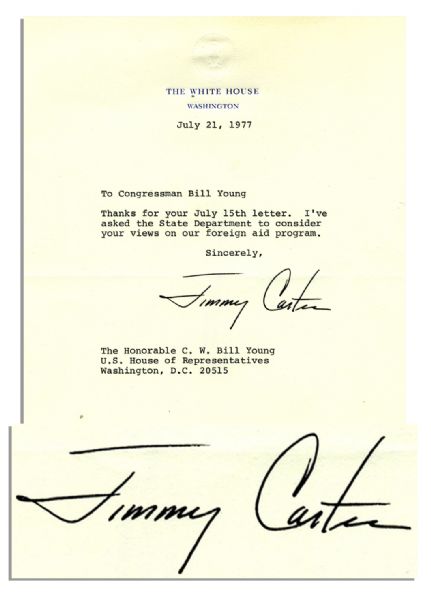 Jimmy Carter Typed Letter Signed as President -- ...Ive asked the State Department to consider your views on our foreign aid program...