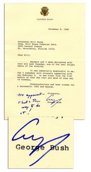 George H.W. Bush Letter Signed as Vice President Regarding the 1982 Mid-Term Election -- With Additional Autograph Note No opponent - thats the way to do it!