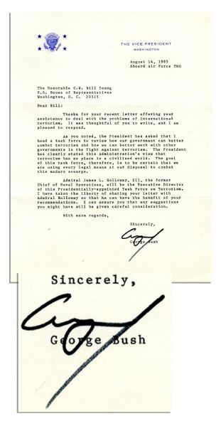 Letter on Terrorism by Vice President George H.W. Bush -- ...The President has clearly stated...that terrorism has no place in a civilized world...