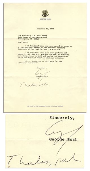 George H.W. Bush Letter Signed & Autograph Note as Vice President -- ...The Fund will achieve its goal of electing more Republicans in 1986 and making the Republican Party the majority...