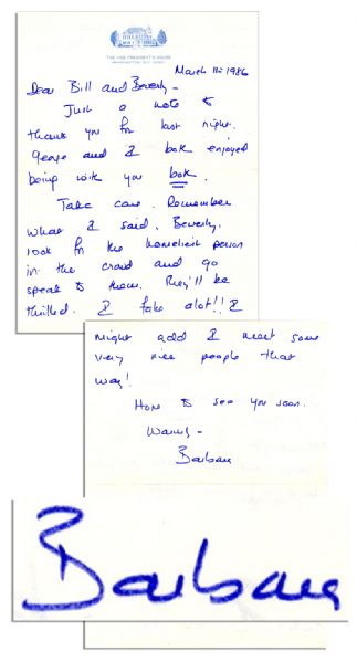 Barbara Bush Autograph Letter Signed on Vice Presidential Stationery -- ...look for the homeliest person in the crowd...I fake a lot!!...