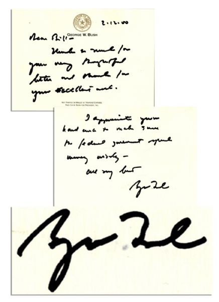 George W. Bush Autograph Letter Signed in 2000, Campaigning for President -- ...I appreciate your hard work to make sure the federal government spends money wisely...