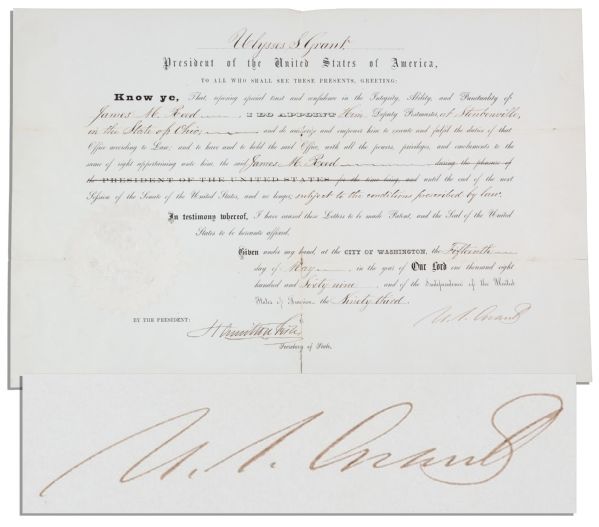 Ulysses S. Grant 1869 Postmaster Appointment Signed U.S. Grant as President