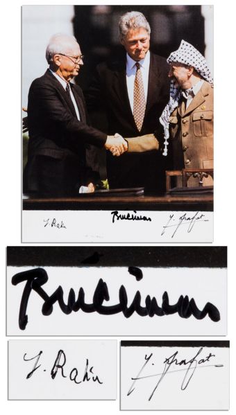Bill Clinton, Yassir Arafat & Yitzhak Rabin Signed 8 x 10 Photo -- Pictured at the Signing of the Middle East Peace Accords at The White House in 1993