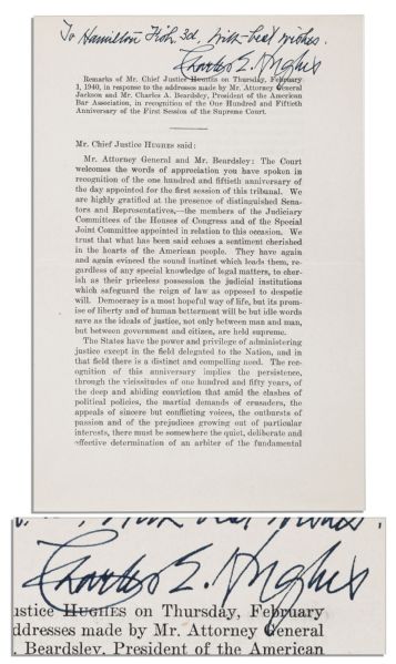 Charles Evan Hughes Document Signed -- Upon His Speech Regarding the Justice System