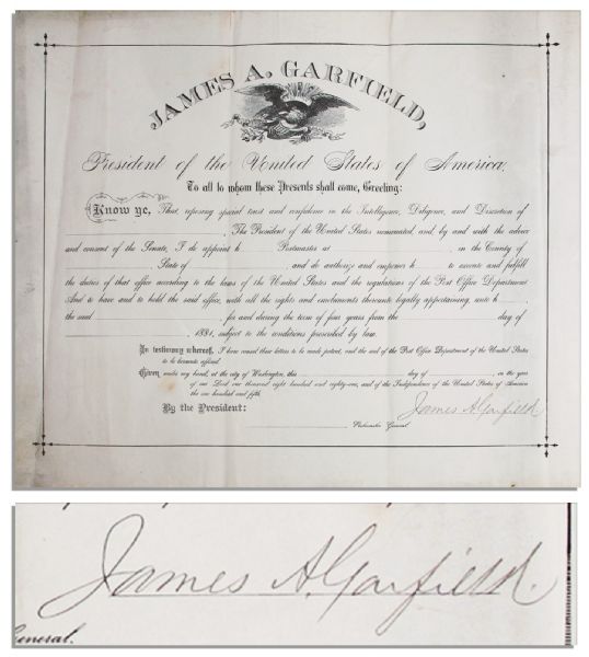 James Garfield Document Signed as President -- Very Rare as Garfields Presidency Lasted Only 203 Days