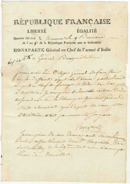 Napoleon Bonaparte Official Document Signed During the Italian Campaign -- ...give me information on the gathering in the city Marguerita and on the 29th Battalion...