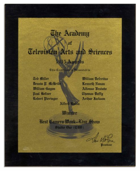 Early 1955 Emmy Award Plaque -- For Best Camera Work on a Live Show in 1955