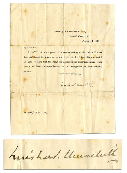 Winston Churchill Typed Letter Signed as Minister of Munitions -- ...I am glad to learn that the King has approved the recommendation... -- 1918