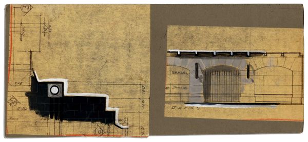 ''Ben-Hur'' Original Set Design Artwork -- Two Pencil & Gouache Pieces of the Castle's Interior