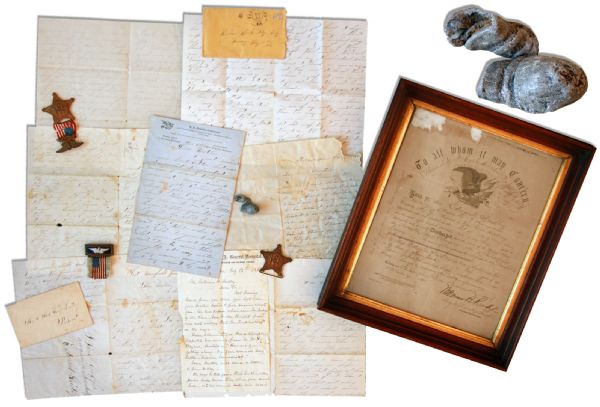 9th NY Artilleryman Lot Including Minie Ball That Hit Him at Cold Harbor -- Soldier Also Records Lees First Raid of Gettysburg Campaign in June 1863 -- ...The rebs tried to make a raid into...