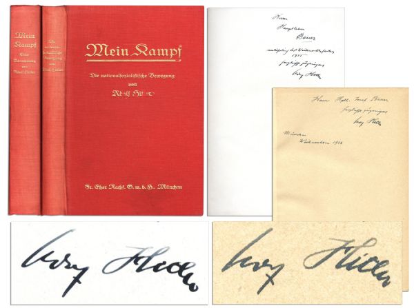 Adolf Hitler Signed Copies of His Mein Kampf -- Both Volumes Including a 1st Edition of Volume II, Signed by Hitler in 1925, Inscribed to Future SS Leader Josef Bauer
