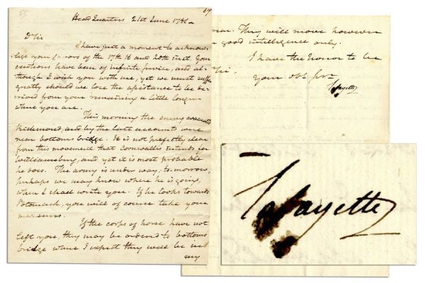 Lafayette Writes Re: the Virginia Campaign to Pin Down Cornwallis Just Four Months Before Yorktowns Surrender Noting That the Enemy Has Left Richmond and Was Possibly Headed to Williamsburg