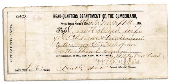 Civil War Citizens Railroad Pass From Atlanta, Dated Just Two Weeks After Atlanta Fell to Union Forces