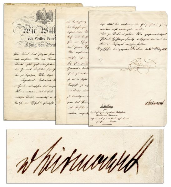 1870 Otto Von Bismarck Document Signed Amidst the Franco Prussian War -- ...In the name of the North German Confederation we approve to reoccupy the General Consulate of Peru in Lima...