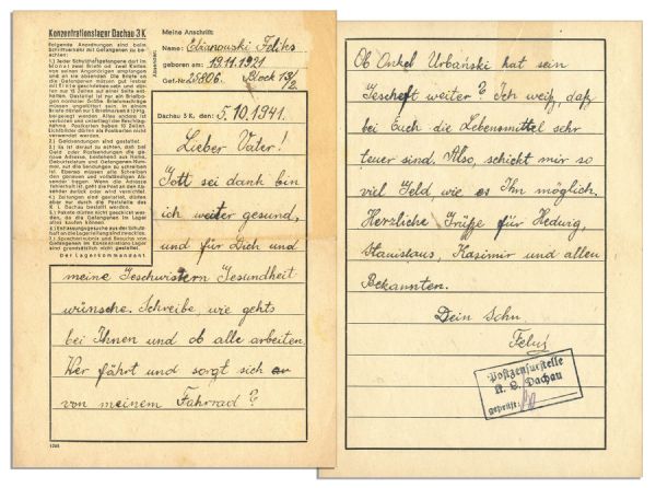 1941 Dachau Concentration Camp Prisoner Letter -- ...Dear father, thank God I am still healthy...