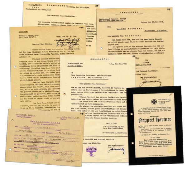 Lot of Six Nazi Documents -- Includes Letters From the Military to Families of Nazi Soldiers Who Died, Including One Who Hanged Himself & Another ...fatally injured by falling from a cliff...