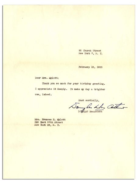 Douglas MacArthur Typed Letter Signed -- ...it made my day a brighter one, indeed...