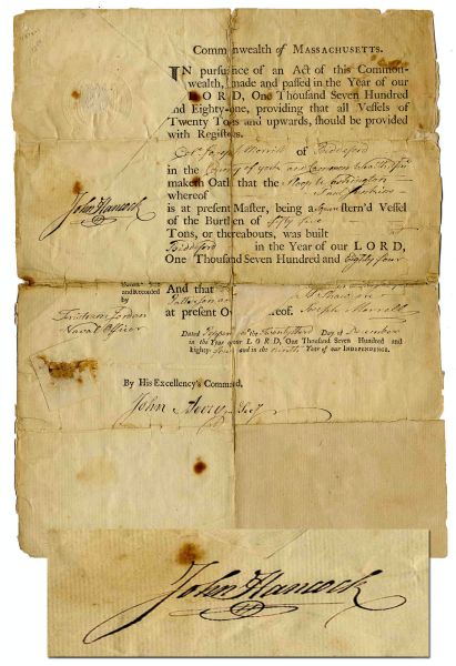 John Hancock Ships Paper Signed as the First Governor of Massachusetts -- Dated 23 December 1784