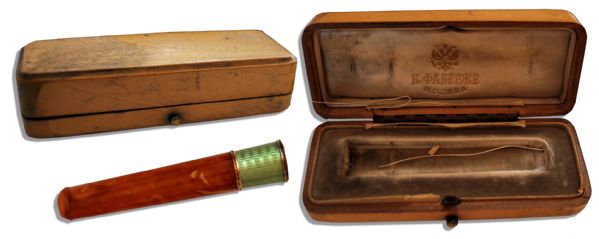 Amber, Gold & Guilloche Enamel Cigarette Holder Marked Faberge, St. Petersburg, 1899-1908