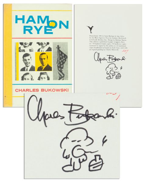 Charles Bukowski Signed First Edition of Ham on Rye -- With a Small Drawing in His Hand