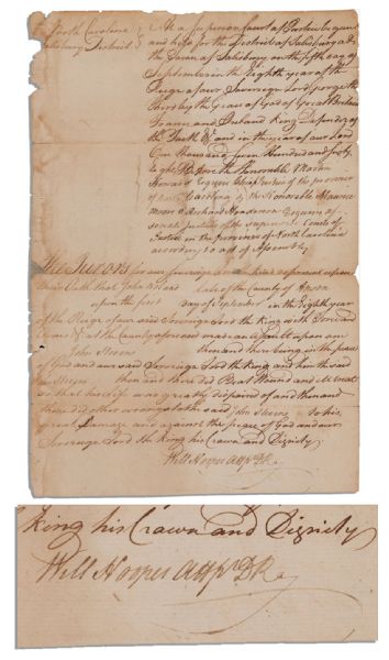 1768 Document Signed by Founding Father William Hooper -- ...great Damage and against the peace of God and our Sovereign Lord the King his Crown and Dignity...