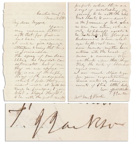 General Stonewall Jackson Autograph Letter Signed -- Scarce Letter Written in 1863, Two Months Before His Death -- ...to ever dwell in the presence of God, where no sin can enter...