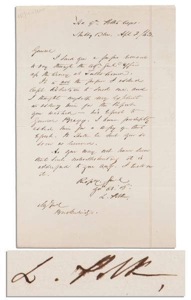 Confederate General Leonidas Polk Civil-War Dated Autograph Letter Signed, to General John C. Breckenridge -- ...I thought myself very explicit in asking...