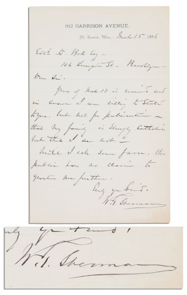 William T. Sherman Autograph Letter Signed -- ...I am willing to State to you...that my family is Strongly Catholic, but that I am not...the public has no claim to question me further...