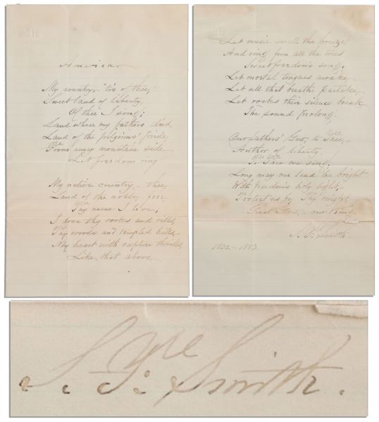 Samuel Francis Smith Handwritten & Signed Copy of America -- His Magnum Opus, Also Titled My Country, Tis of Thee