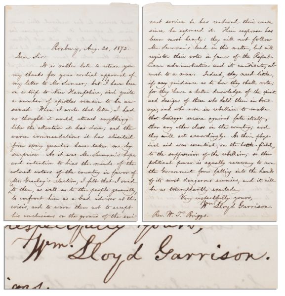 Fantastic Content William Lloyd Garrison Autograph Letter Signed From Reconstruction -- ...it was Mr. Sumners hope and intention to bias the minds of the colored voters of the country...