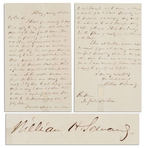 William Seward Autograph Letter Signed -- Regarding the Supreme Court Case Jones vs. Van Zandt -- Seward Defended Van Zandt, an Ohio Abolitionist Who Helped to Free Slaves