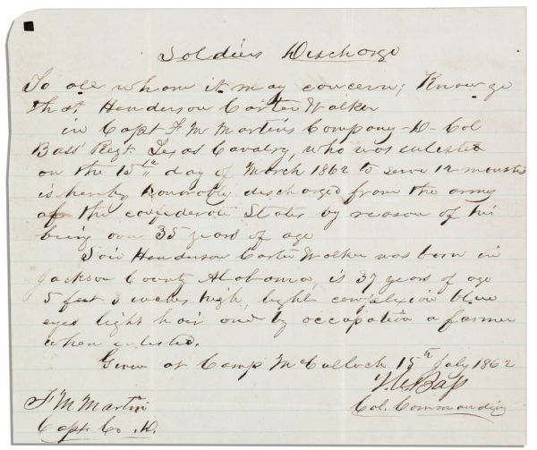 Confederate Texas 20th Cavalry Discharge -- ...reason of his being over 35 years of age... -- 15 July 1862