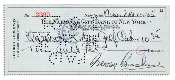 George Gershwin Signed Check From 1935 -- Year He Wrote Porgy And Bess