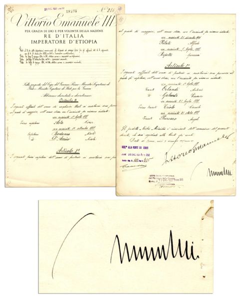 Benito Mussolini WWII Document Signed -- ...By the grace of God and the will of the nation, King of Italy... -- Also Signed by King Emmanuel III -- Dated 20 December 1937