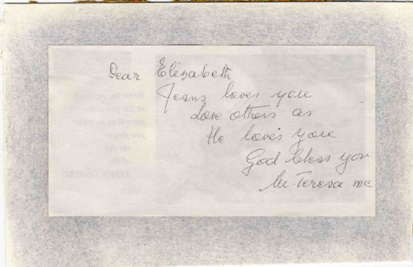 Mother Teresa Signed Note -- ...Jesus loves you / love others as / he loves you / God bless you...