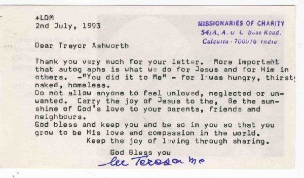 Mother Teresa Typed Letter Signed From Calcutta, India --...Do Not Allow Anyone To Feel Unloved, Neglected Or Unwanted...