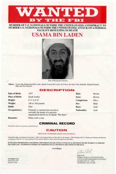 Exceptionally Rare Red Version of the Osama Bin Laden FBI Most Wanted Poster -- Before 9/11