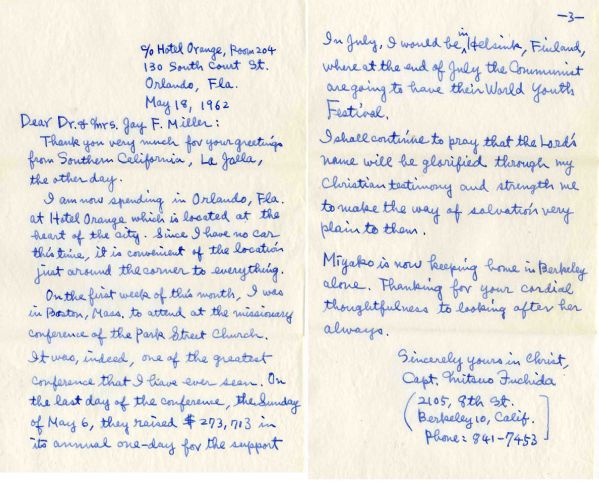 Pearl Harbor Captain Mitsuo Fuchida Autograph Letter Signed -- ...in the German cities, I shall...testify to these young people concerning the saving grace of our Lord Jesus Christ...