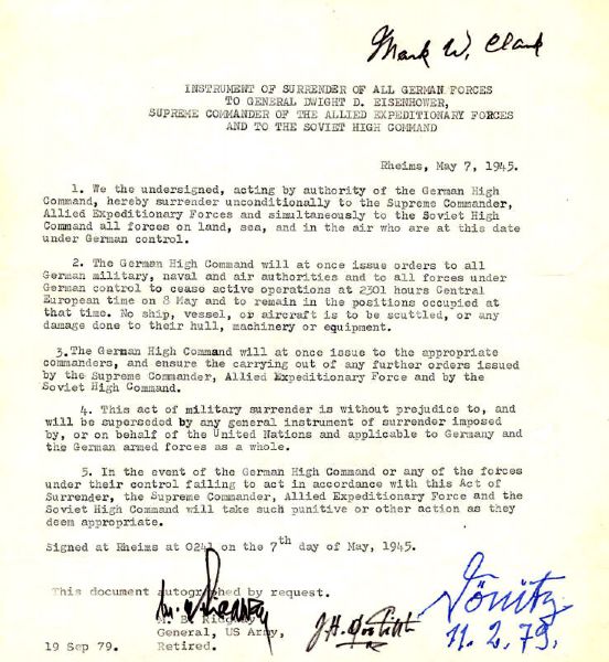 Souvenir Instrument of Surrender of all German Forces -- Signed by WWII Generals Mark W. Clark, Matthew Ridgway, Jimmy Doolittle and German Naval Commander Karl Donitz